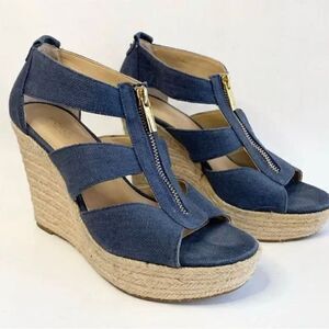 Michael kors mk denim damita wedge zip up sandal heel/ sz 10